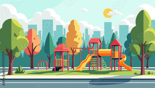 Vibrant urban park playground with autumn trees and tall city buildings