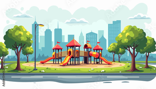 Large urban playground with multiple slides and city skyline backdrop