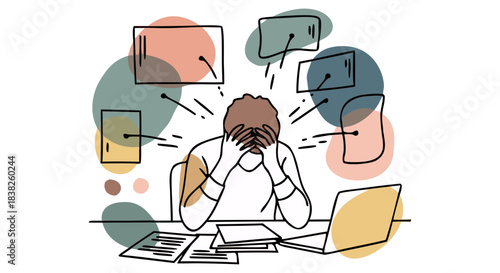 Digital Information Overload and Tech Fatigue Vector Illustration