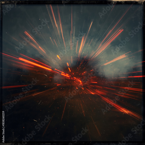 Light leak overlay effects feature scratch dust, motion blur, and red light leaks, accentuated by a retro noisy film texture. This creates an abstract background with rays and a grunge film strip appe