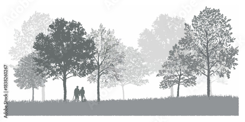 2D farm model composition with detailed trees and hardworking farmers illustrating rural agriculture activity, countryside livelihood, crop cultivation, traditional farming workflow