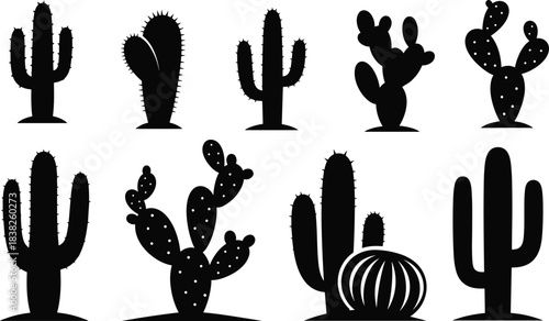 Cactus silhouette collection, desert plant icons featuring various species and shapes, botanical graphic elements for decoration, nature projects, vector design set