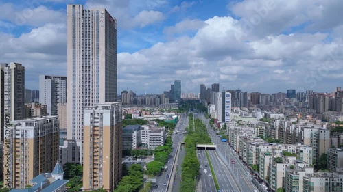 Foshan District Aerial City View with Modern Architecture and Green Boulevard