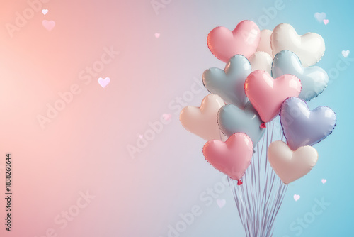 Heart-shaped balloons in soft pastel colors floating against dreamy gradient background. Light bokeh effects, tiny hearts, romantic atmosphere, for celebrations, love-themed designs, festive greetings