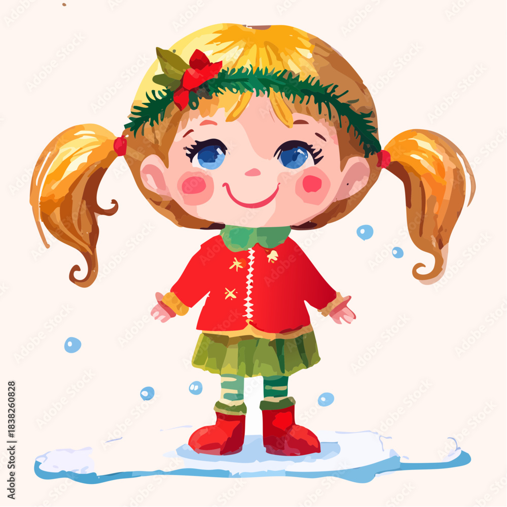 Fototapeta premium Cute Little Girl Celebrating Christmas – Vector Illustration