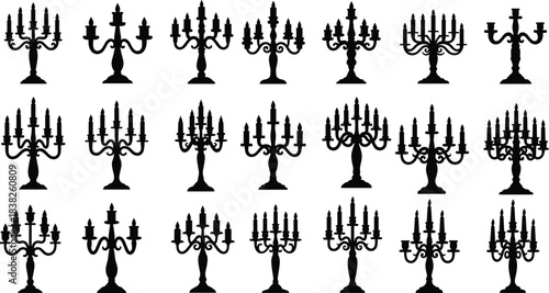 Candelabra silhouette collection, ornate candle holder designs with multiple arms, vintage decorative lighting elements for weddings, interiors, luxury décor, vector set