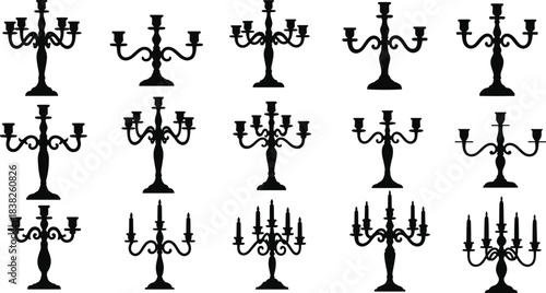 Candelabra silhouette collection, elegant candle holder designs with ornate arms, vintage décor elements for interiors, weddings, luxury decoration, vector set