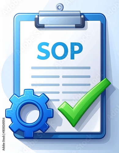 SOP Document with Gear and Checkmark, Standard Operating Procedure Icon, Process Compliance and Workflow, Business Illustration, Operational Guidelines Graphic