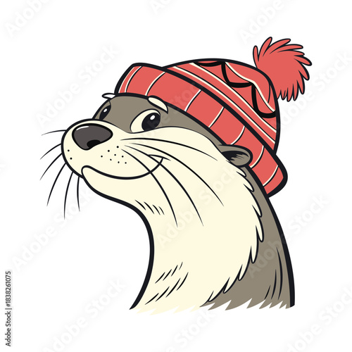 Cute otter wearing a red striped winter hat isolated on white background