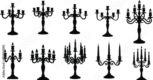 Candelabra silhouette collection, ornate candle holders with multiple arms and flames, vintage decorative lighting for interiors, weddings, luxury décor vector set