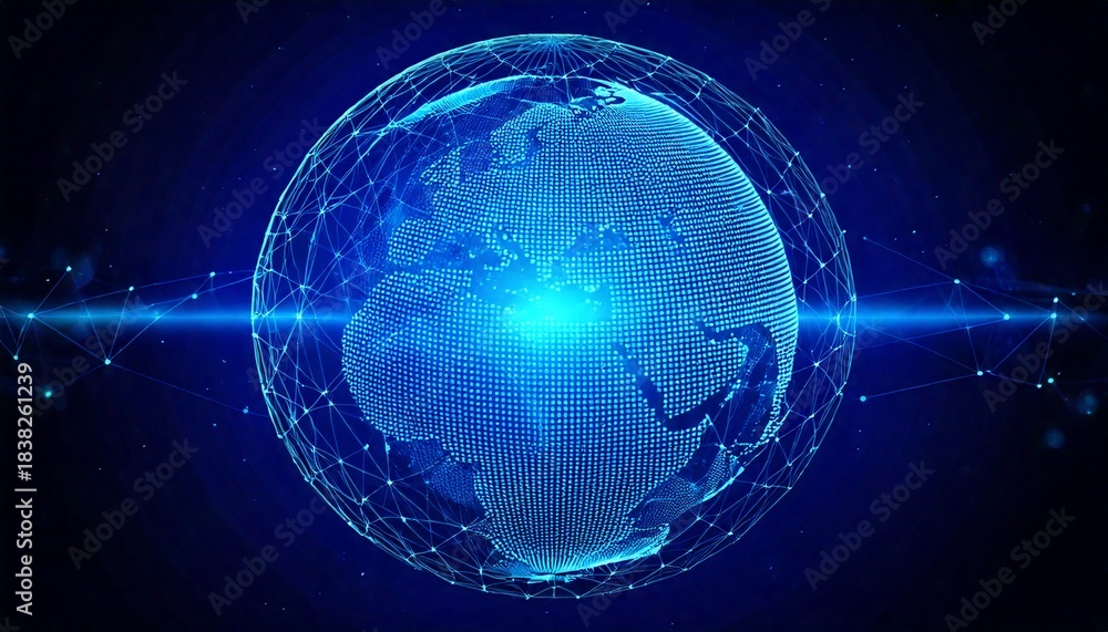 Obraz premium Digital blue world globe with a glowing network in space