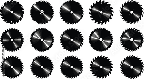 Circular saw blade illustrations, sharp cutting tool designs collection set for construction, woodworking, industrial equipment, hardware graphics and machinery concepts
