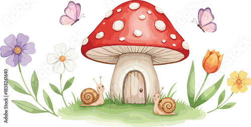 Whimsical Vector Illustration of a Fantasy Mushroom House with Small Wooden Door, Surrounded by Friendly Snails, Colorful Spring Flowers, Butterflies, and Green Grass