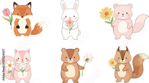 Adorable Hand-Drawn Woodland Animals Vector Set Featuring Fox, Bunny Rabbit, Bear, and Squirrel Holding Various Spring Flowers for Kids' Decor and Stationery Design