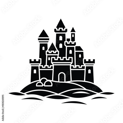 Black silhouette of a fairytale castle on an island