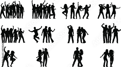 Dancing people silhouette collection, party crowd celebration, men and women energetic dance poses, club music festival black vector illustration set