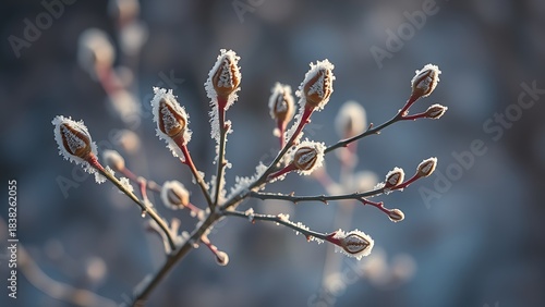 contender. Dormant tree buds covered in delicate frost crystals. gardening catalogs, home-decor guides, designed for home decor and floral branding and gardening and botanical catalogs.