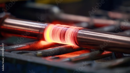 Medium shot of tubular metal being heated through induction hardening system showing electric coil wrapped tightly around the tube for deep hardening