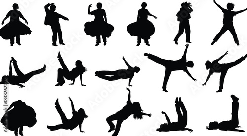 Dancer silhouette collection, expressive dance poses and movements, performing arts illustrations for choreography, creative projects, stage design, modern vector set