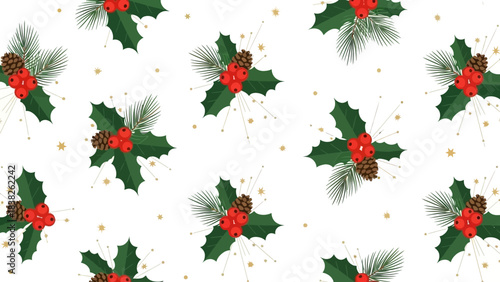 Christmas decoration pattern featuring holly leaves, red berries, and pine needles on a white background with golden accents.