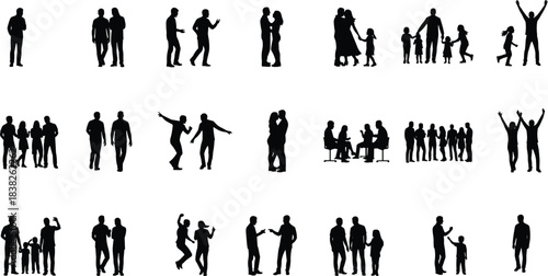 People silhouette collection showing family, couples, friends, dancing, walking, celebrating, business meeting, social interaction poses in black vector illustration set