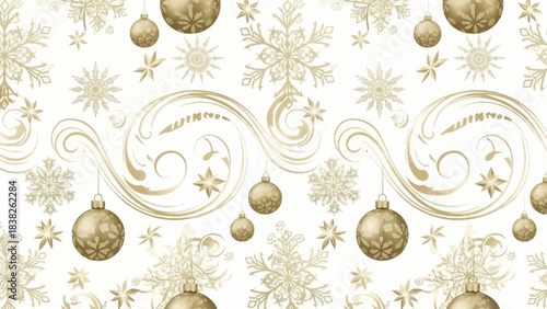 Golden Christmas decorations and snowflakes on a white background with elegant swirls, creating a festive dekoration for the holiday season.