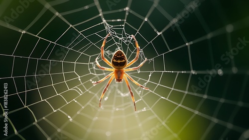 lemuria. A spider mending its intricate web with glistening threads in morning light. wildlife magazines, conservation campaigns, designed for eco-tourism storytelling, used by motion designers.