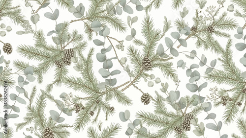 Christmas decoration pattern featuring pine branches, eucalyptus leaves, and pinecones on a white background with a festive holiday theme.