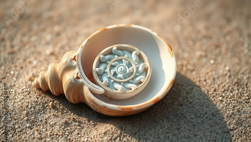 calcified. A spiral seashell on smooth sand, intricate textures visible in soft morning light. gardening catalogs, home-decor guides, designed for home decor and floral branding.