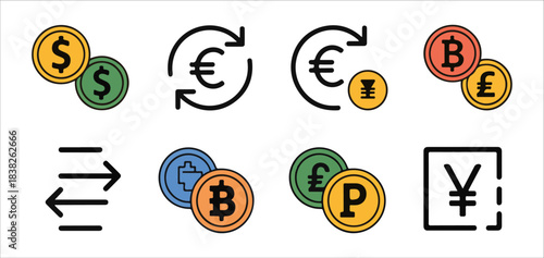 Set of dollar coin bitcoin piggy bank diamond wallet and gold bar icons outline and solid