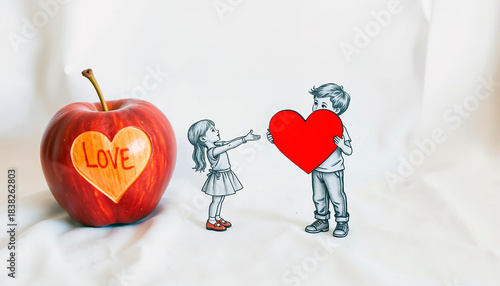 Charming drawn boy giving a red heart to a girl beside a fresh red apple with 