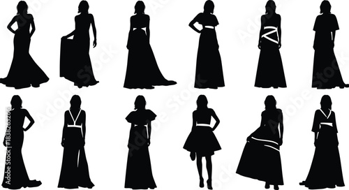 Elegant fashion woman silhouette collection, long gown and dress poses, stylish female figure illustrations for branding, fashion design, editorial vector set