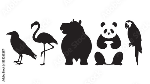 Wild animals silhouettes in minimalist style with black color on white background for wildlife conservation