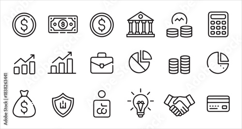 Finance icon set business economy icons dollar coin money banknote bank calculator chart
