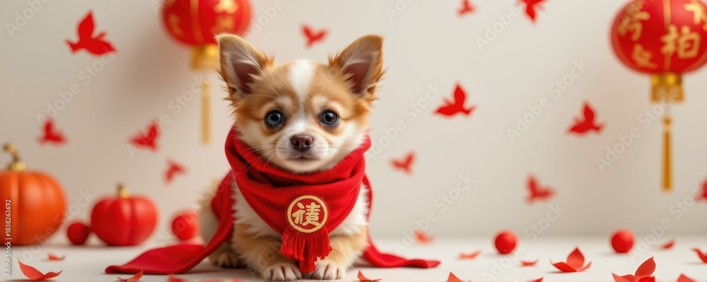 Fototapeta premium Lunar new year celebration 2026 festive card chinese banner invitation dog iconography cultural environment playful viewpoint
