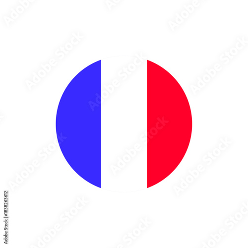 Blue white red circular French flag icon, stylized tricolor symbol of France’s national identity, culture, diplomacy, and international representation