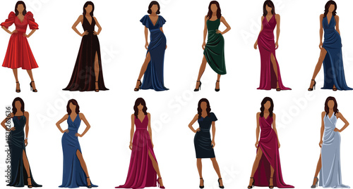 Elegant women in fashionable evening dresses, formal gown collection illustration, stylish female outfit poses, luxury fashion design elements for branding