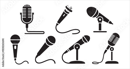 Diverse collection of black microphone icons for audio recording and broadcast