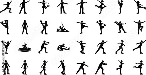 Figure skating silhouette collection, dynamic ice skater poses performing spins, jumps, choreography for winter sports design, training, competition vector set