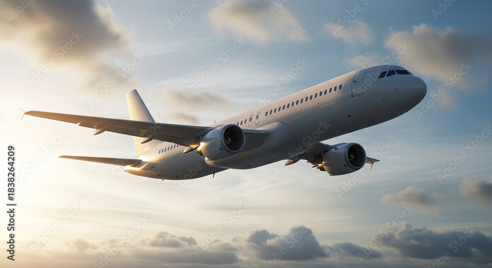 Obraz premium Commercial airplane soaring in golden light against a cloudy sky.