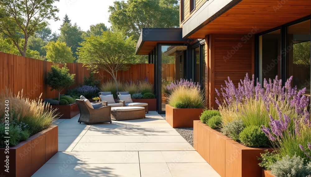 Fototapeta premium Modern backyard patio features outdoor furniture, concrete floor, Corten steel planters. Rich grasses, purple lavender flowers grow in garden beds. Contemporary house exterior connects to relaxing