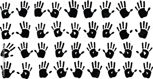 Handprint silhouette collection, diverse palm prints for creative design, fingerprint art elements, kids craft graphics, textured stamp shapes vector set