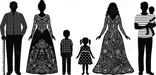 Detailed Vector Silhouettes of Multi-Generational Family Figures with Intricate Vintage Floral and Paisley Patterns on Clothing Representing Heritage and Style.