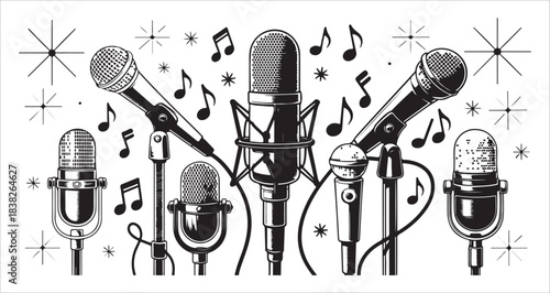 Collection of black and white vintage microphones with musical notes and stars vector illustration