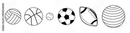 Black and white sports balls set, outline. Simple line art icons of volleyball, basketball, tennis ball, soccer ball, football and gym ball.