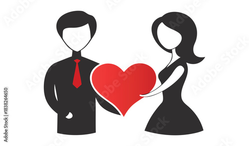 Couple holding a large red heart symbolizing love and romance