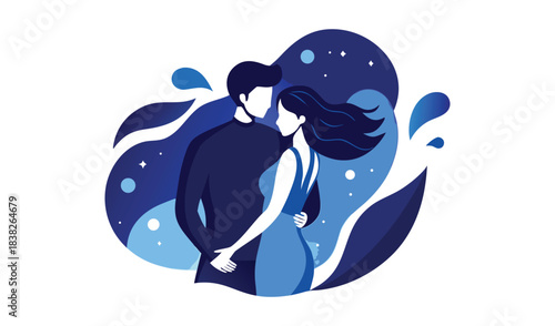 Couple embracing in a dreamy blue abstract setting
