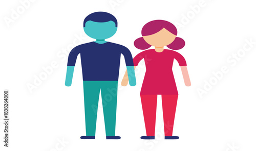Cartoon couple standing together with hands linked in a simple flat design