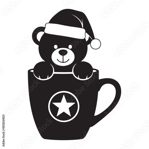 Cute black bear in coffee mug with santa hat christmas holiday icon isolated on white