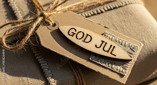 Close-up of a rustic Christmas gift wrapped in fabric with twine and a wooden 'God Jul' tag, featuring textured embellishments.